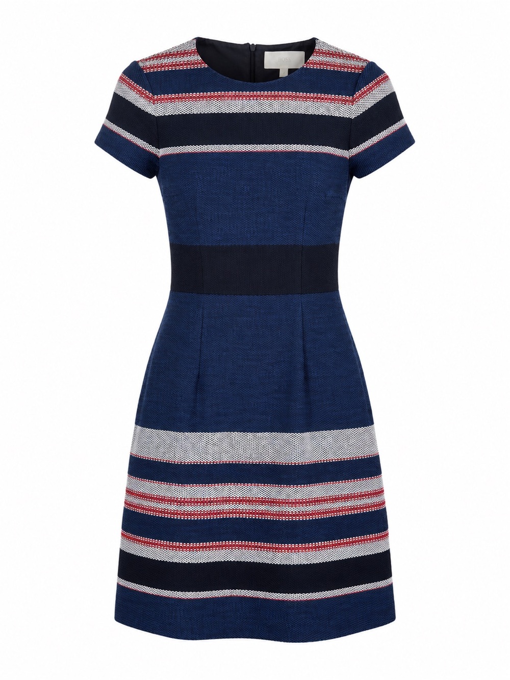 Boss Navy Striped Fit-and-Flare Dress with Red & White Accents